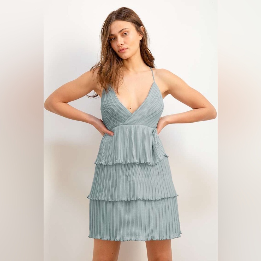 Lulus Cheers and Tiers Dusty Blue Pleated Surplice Tiered Mini Dress